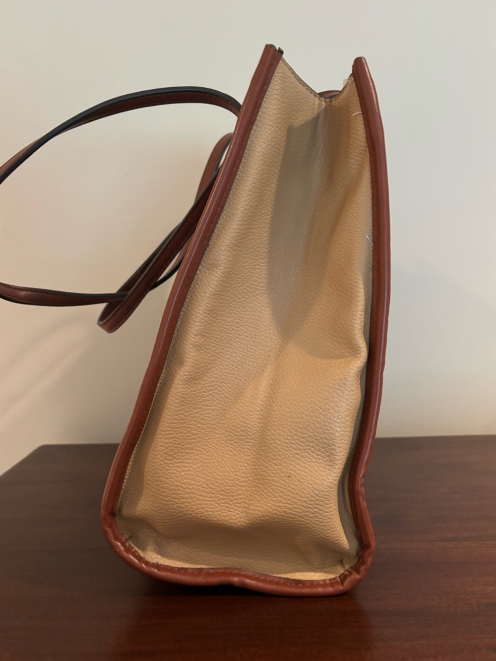 Liz Claiborne Blue Geometric Tote Bag Brown Trim Shoulder Purse - Picture 4 of 9